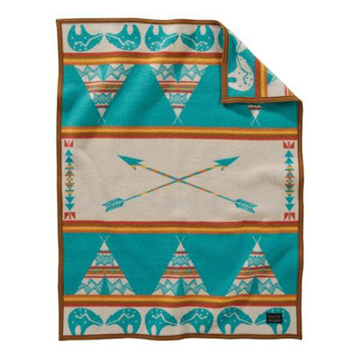 Pendleton blankets are heirloom-quality wool blankets made in the USA using wool that sourced from ranches around the country. This soft wool baby blanket is designed to evoke a peaceful night of telling tales. Above it all shines Bear, the great guardian of the night skies, and a pair of crossed arrows, symbolizing peace and brotherhood.