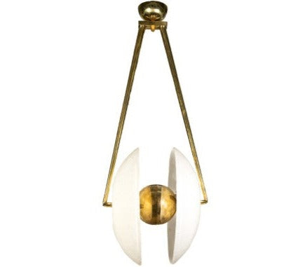 Murano Glass and Brass Hanging Fixture. Synapse style pendant comprising two blown glass shade attached by brass orb, Murano, circa 1960s. Not wired.