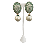 French Green Cameo Pearl Droplet Earrings