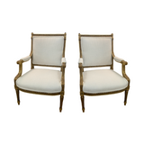 Pair of French Linen Upholstered Gilded Arm Chairs