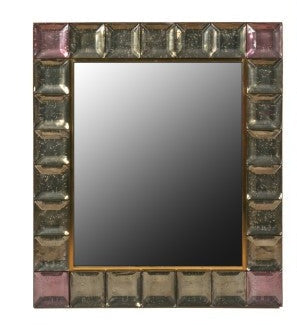 A pair of rectangular mirrors, framed by inset faceted cut clear and pink glass blocks. Italian, mid 20th C.