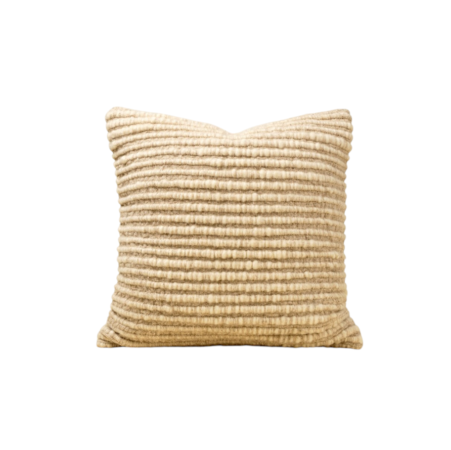 Sq. Wool Textured Line Pillow its softly neutral palette is elevated by a richly layered weave, creating a decorative pillow that feels both relaxed and refined. Designed to blend seamlessly into a range of interiors, it offers an easy balance of comfort, character, and understated style.