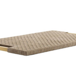 Strips of buttery yet sturdy taupe suede are woven in a checkerboard pattern to form our sophisticated tray. It is anchored by double handles of antique brass iron for easy movement. Designed to display books or accessories. Not suitable for holding drinks.&nbsp;