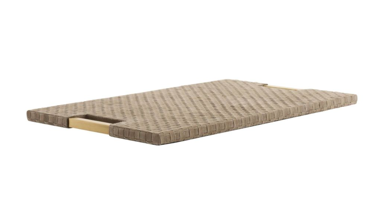 Strips of buttery yet sturdy taupe suede are woven in a checkerboard pattern to form our sophisticated tray. It is anchored by double handles of antique brass iron for easy movement. Designed to display books or accessories. Not suitable for holding drinks.&nbsp;