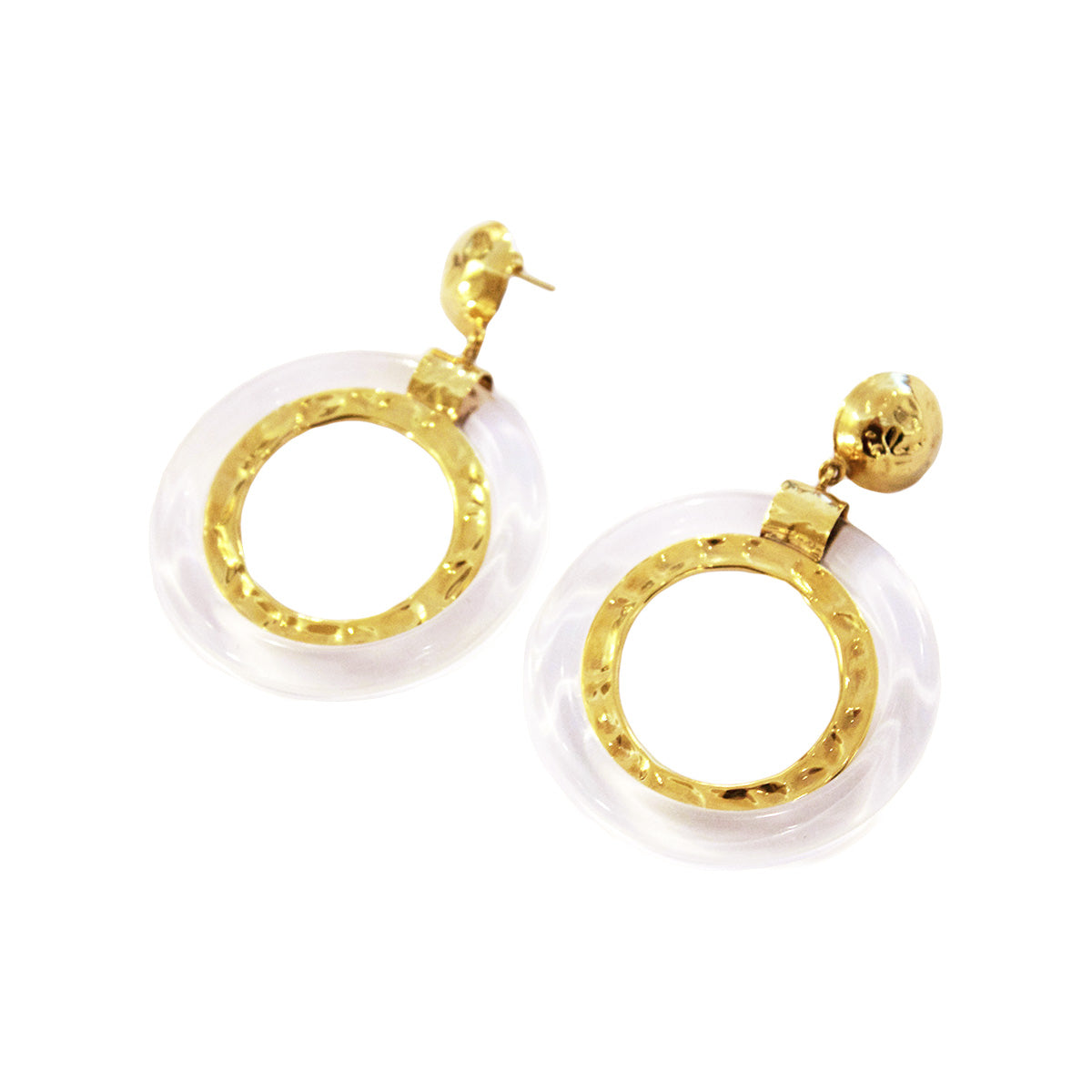 Pair of French Poggi Paris lucite and gold metal hoop earrings.