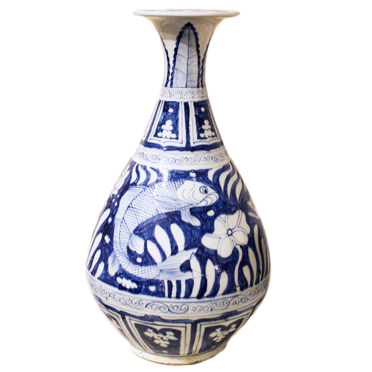 Blue and white chinoiserie fish motif tapered vase.
