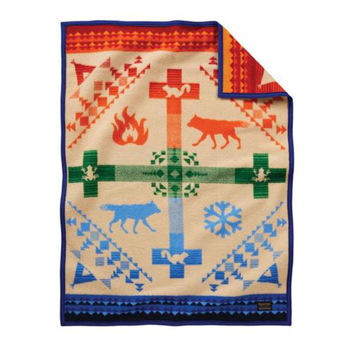 Pendleton blankets are heirloom-quality wool blankets made in the USA using wool that sourced from ranches around the country. This blanket tells the story of how the trickster coyote stole Fire  from the tall mountain and gave it to the People. 