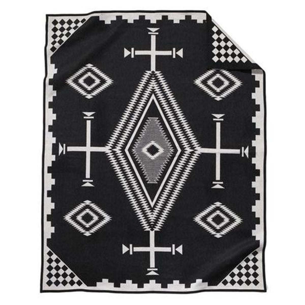 Pendleton blankets are heirloom-quality wool blankets made in the USA using wool that sourced from ranches around the country. This reversible black twin los ojos blanket is modern and historic as it features Spanish crosses, diamond-shaped “eyes” (ojos) and the symbols of the Navajo Four Mountains of Creation.