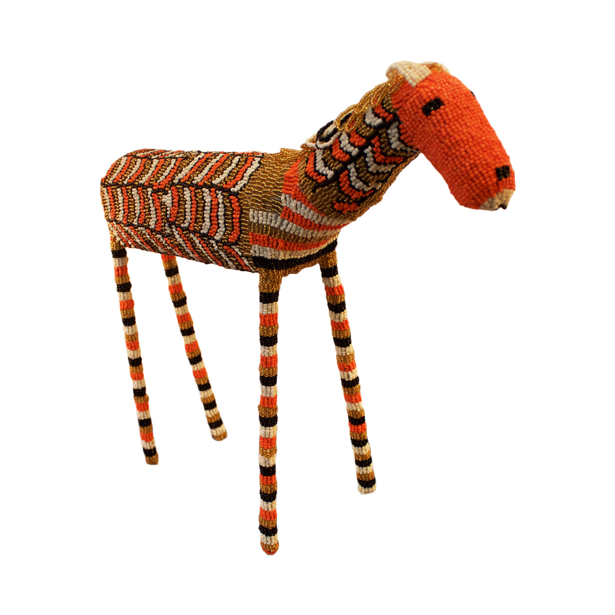 Beaded horse handcrafted by female artisans in Africa. These joyful sculptures add whimsy and colour to any room.