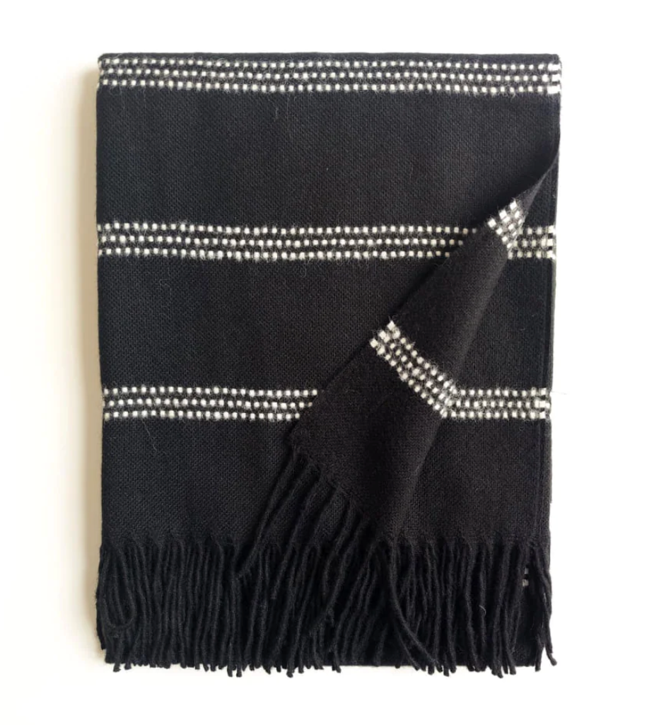 Baby Alpaca throw with three dotted stripes evenly spaced across.