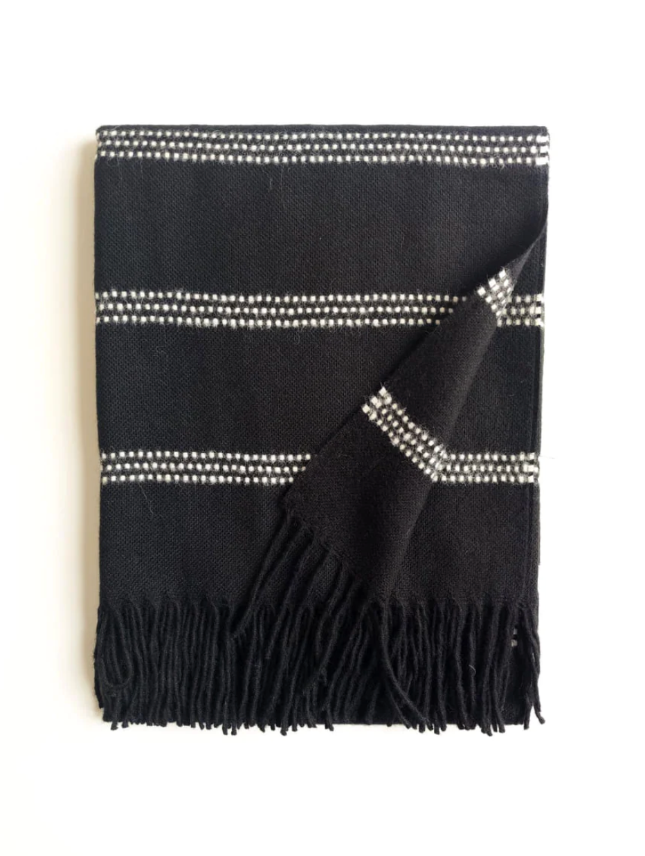 Baby Alpaca throw with three dotted stripes evenly spaced across.