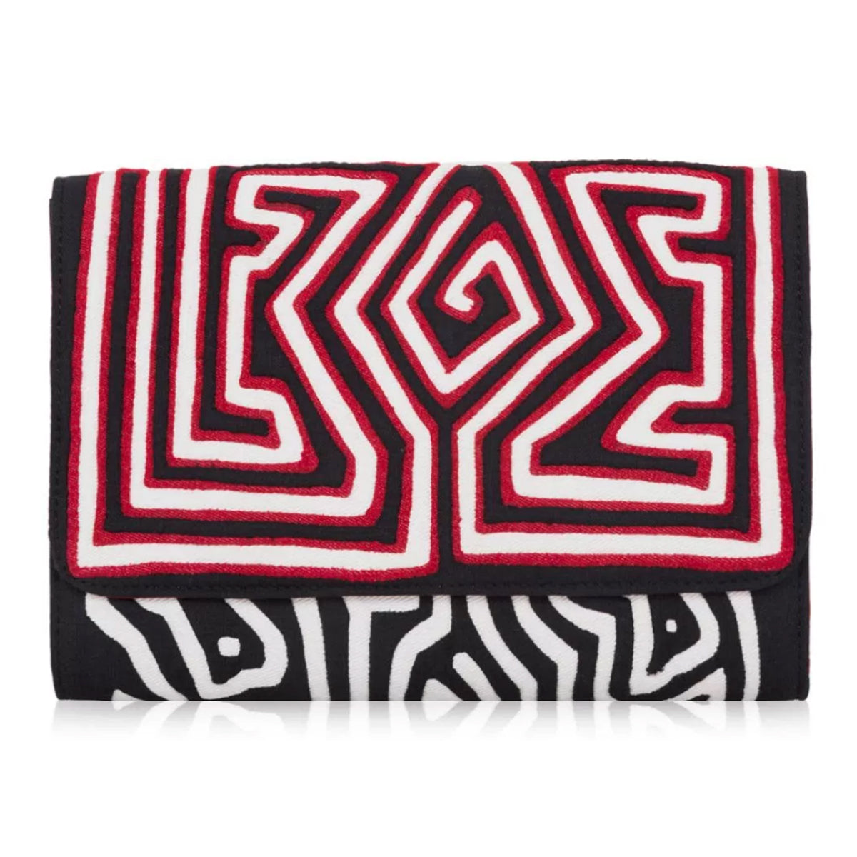 Mola Sasa clutch in dark grey and red. Handcrafted by artisans in Columbia with cotton and natural yute.