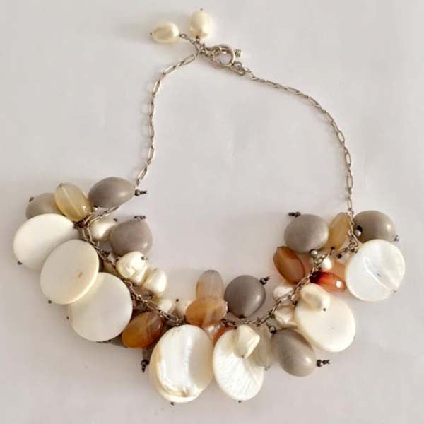 Silver Chain Necklace with Fresh Water Pearls, Abalone, Mother of Pearl & Quartz Beads